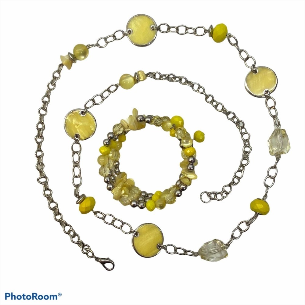Silvertone Chain With Yellow Enamel Disks & Beads… - image 2